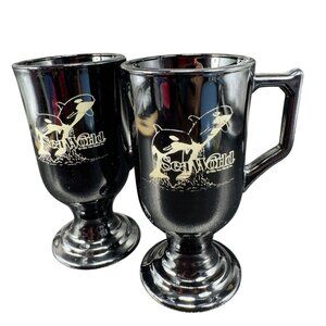1986 Vintage Sea World Black Footed Coffee Cup Mug Set 2 Black Glass Cups Mugs